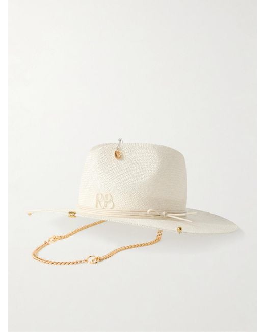 Ruslan Baginskiy Natural Embroidered Embellished Cotton-Trimmed Straw Fedora
