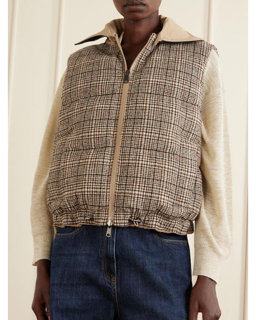 Brunello Cucinelli Natural Reversible Checked Padded Cotton And Linen Gilet