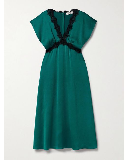 Sea Green Noa Lace-Trimmed Hammered-Satin Midi Dress