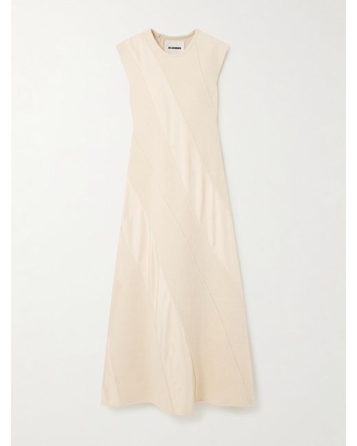 Jil Sander White Paneled Cotton And Wool-Blend And Satin Midi Dress