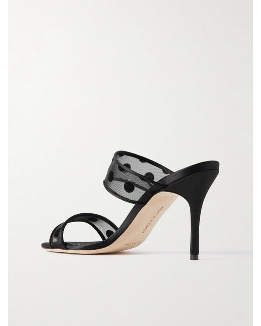 Manolo Blahnik Black Scolobi 90 Satin-Trimmed Flocked Mesh Sandals