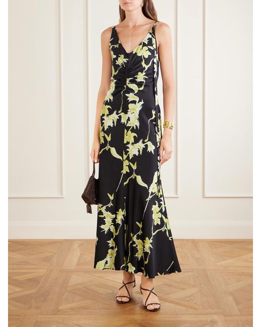 Sportmax White Balia Gathered Printed Satin Maxi Dress