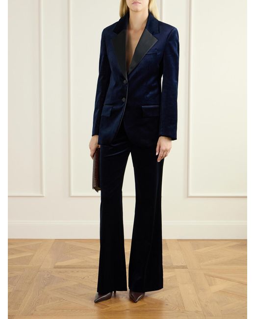 Victoria Beckham Blue Satin-Trimmed Cotton-Blend Velvet Blazer