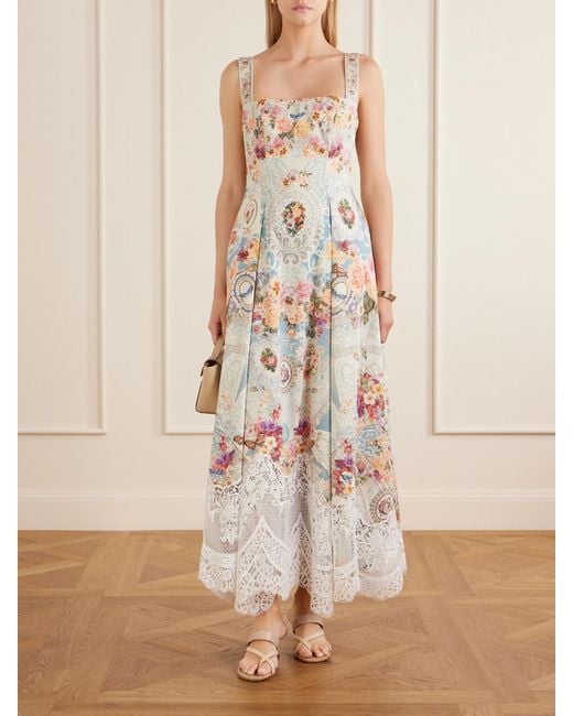 Camilla White Printed Lace-Trimmed Cotton-Blend Midi Dress