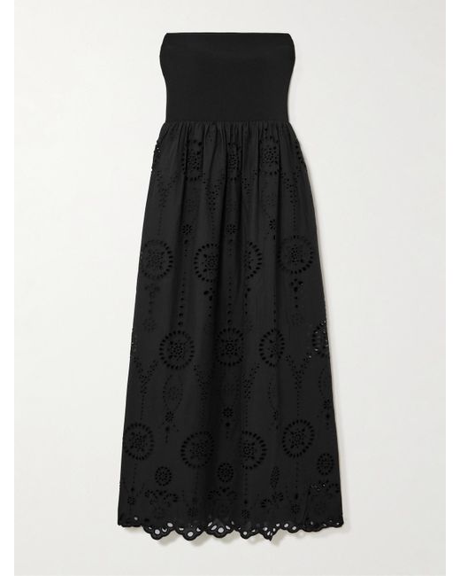 Matteau Black Strapless Broderie Anglaise Organic Cotton And Stretch-Knit Midi Dress