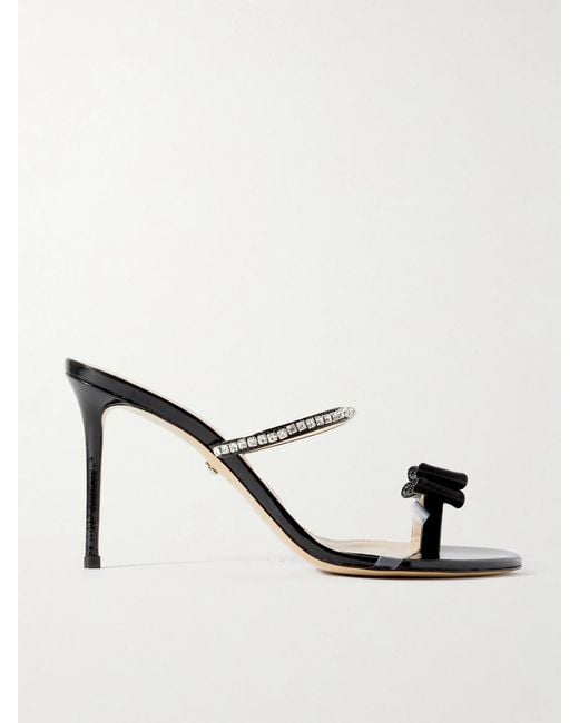 Mach & Mach Natural Petite Cadeau Crystal And Bow-Embellished Patent-Leather Mules