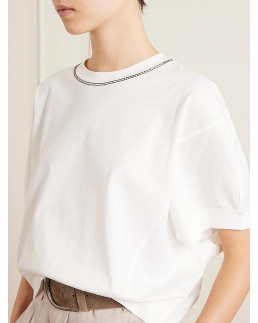 Brunello Cucinelli White Bead-Embellished Cotton-Jersey T-Shirt