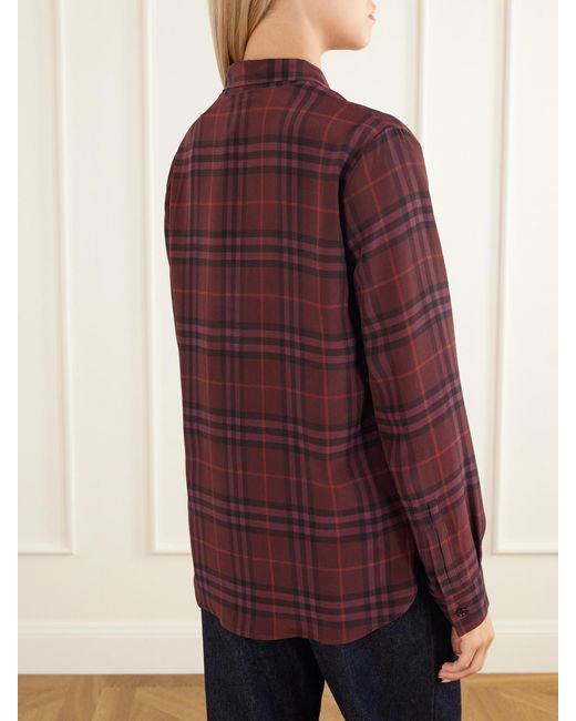 Burberry Purple Rhiannon Pussy-Bow Checked Silk-Crepe Blouse