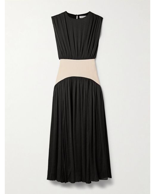 Abadia Black Suri Paneled Twill And Crinkled-Voile Maxi Dress