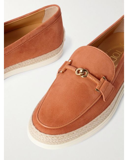 Tod's Red Gomma Loafers Aus Veloursleder Mit Verzierung, Raffiabast- Und Lederbesätzen