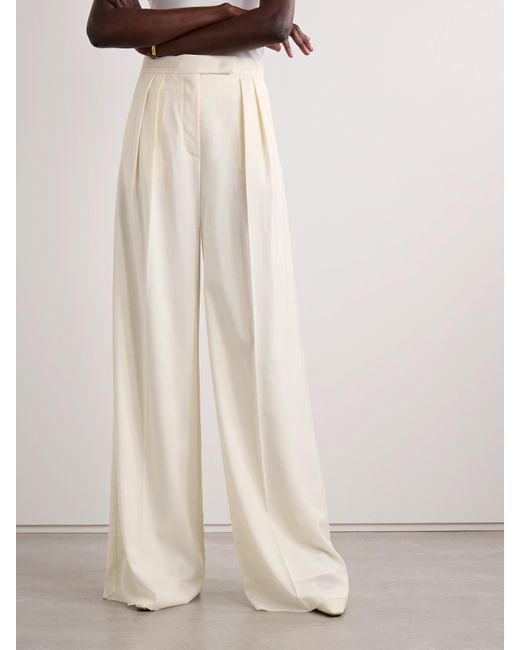 Max Mara White Piombo Pleated Wool Wide-Leg Pants