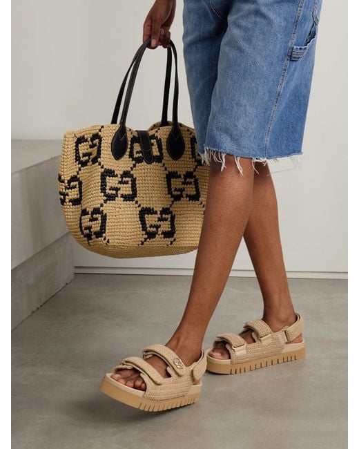 Gucci Natural New Marmont Plateausandalen Aus Gehäkelter Baumwolle Mit Lederbesätzen Und Verzierung