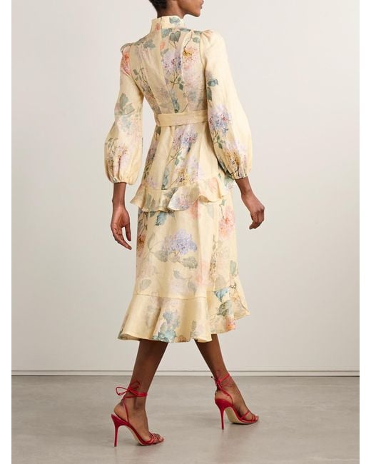 Zimmermann Natural Illuminate Belted Ruffled Floral-Print Linen Midi Dress