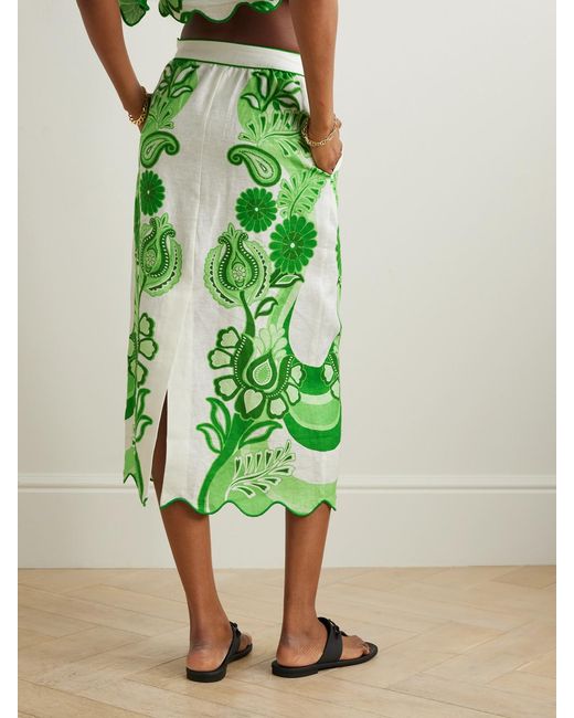 Farm Rio Green Scalloped Printed Linen Midi Skirt