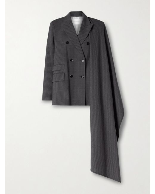 Maria McManus Black Double-Breasted Draped Pinstriped Wool-Blend Blazer