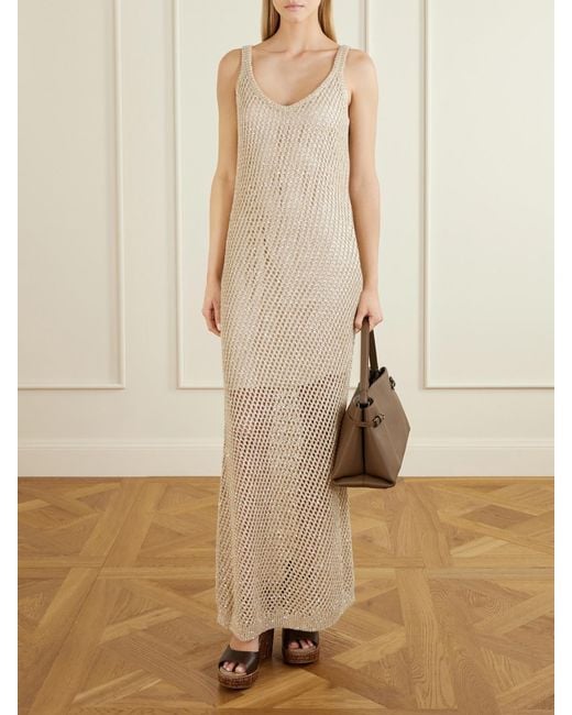 Brunello Cucinelli White Sequined Crocheted Maxi Dress