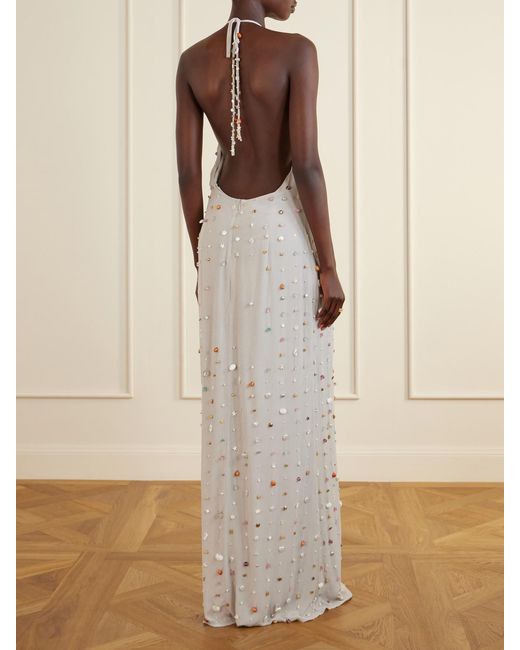 BERNADETTE White Francine Pearl-Embellished Crinkled-Shell Halterneck Dress