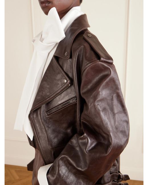 Saint Laurent Brown Glossed Textured-Leather Biker Jacket