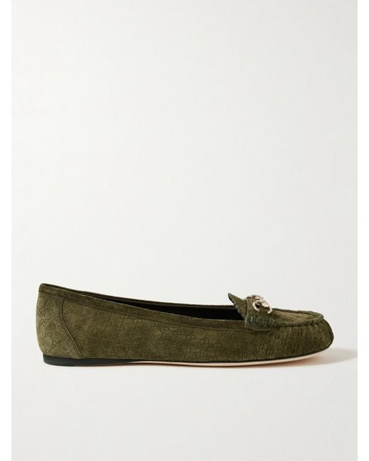 Gucci Green Kensington Horsebit-Detailed Debossed Suede Loafers