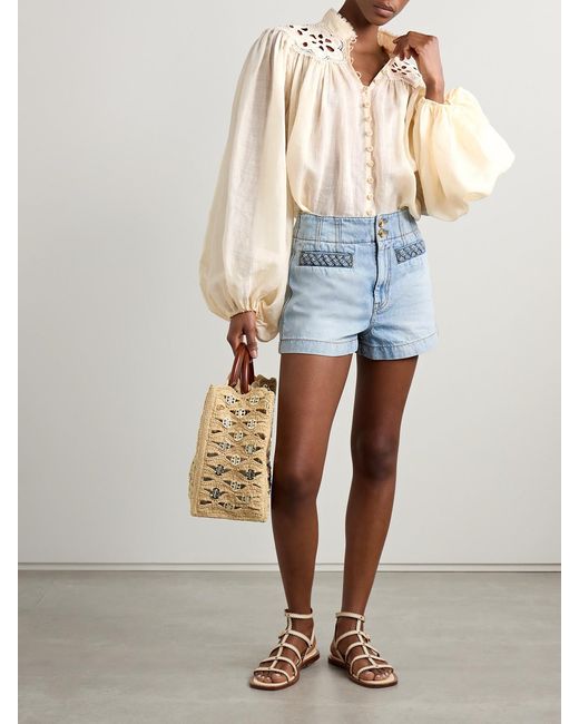 Zimmermann Natural Coco Broderie Anglaise-Trimmed Ramie Blouse