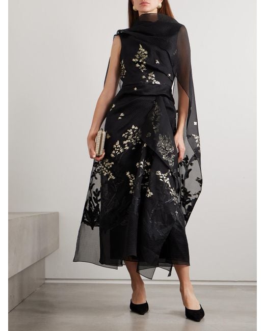 Erdem Black Layered Metallic Silk-Organza And Cloqué Midi Dress