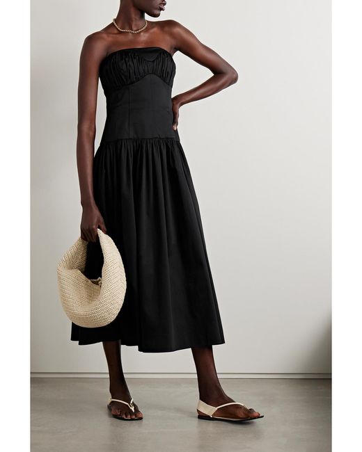 TOVE Black Lauryn Gathered Cotton-Blend Poplin Midi Dress