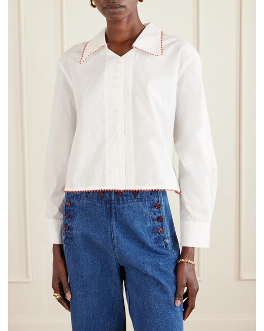 Bode White Redbud Cropped Embroidered Cotton-Poplin Shirt