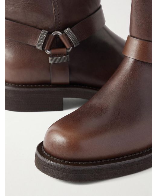 Brunello Cucinelli Brown Bead-Embellished Leather Biker Boots