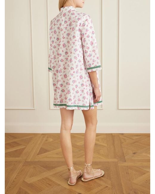 Loretta Caponi Multicolor Alassio Shirred Embroidered Floral-Print Cotton-Poplin Mini Dress