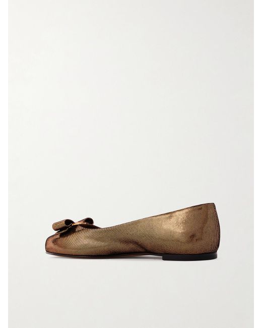 Ferragamo White Varina Bow-Embellished Lamé Ballet Flats
