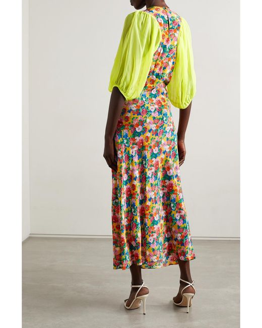 Les Rêveries Orange Floral-Print Silk Crepe De Chine And Georgette Midi Dress