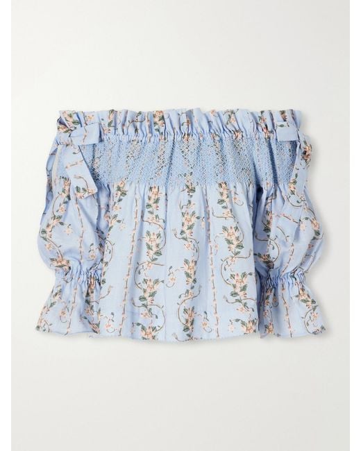 Agua Bendita Blue Isla Navegante Printed Smocked Linen Blouse