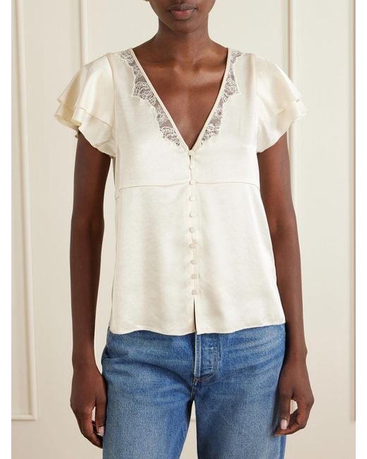 Citizens of Humanity Natural Lola Flutter Lace-Trimmed Satin Blouse