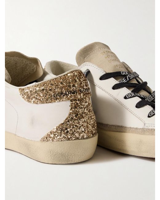 Golden Goose Deluxe Brand Natural Super-Star Distressed Suede-Trimmed Glittered Leather Sneakers