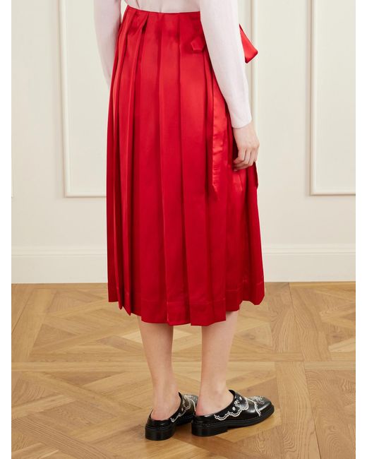 Simone Rocha Red Pleated Sheer Satin Midi Skirt