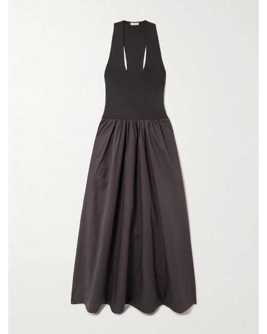 St. Agni Brown Ribbed-Knit And Cotton-Poplin Midi Dress