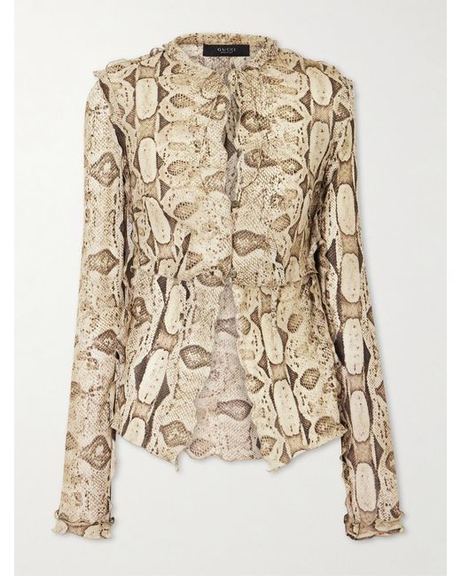 Gucci Natural Python-Print Silk-Chiffon Shirt