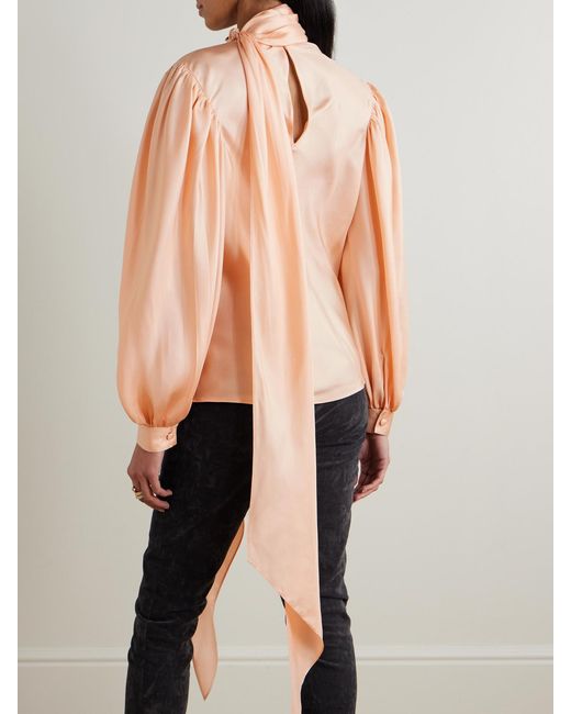 Gucci Pink Tie-Neck Draped Gathered Silk Satin-Twill Blouse
