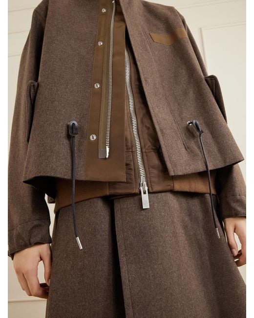 Sacai Brown Shell-Trimmed Wool-Flannel Coat