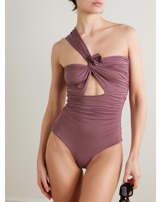 Maygel Coronel Purple Rodríguez One-Shoulder Appliquéd Ruched Cutout Swimsuit