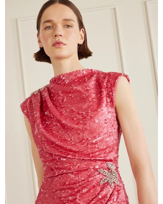 Erdem Red Draped Sequined Chiffon Gown