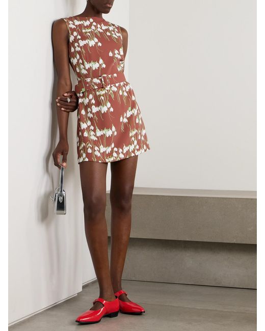 BERNADETTE Brown Lucille Belted Floral-Print Crepe Mini Dress