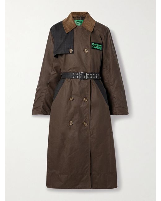 Barbour Brown Ganni Belted Corduroy-Trimmed Paneled Checked Waxed-Organic Cotton Trench Coat