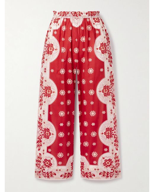 Alix Of Bohemia Red Otto Cropped Bandana-Print Cotton-Voile Wide-Leg Pants