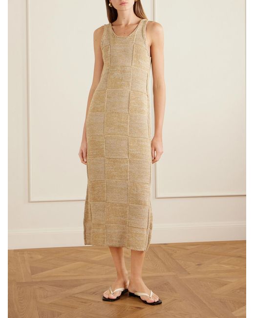 Auralee Natural Paneled Cotton And Linen-Blend Knitted Midi Dress