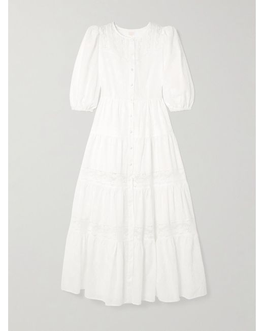 Loretta Caponi White Poppi Lace-Trimmed Tiered Broderie Anglaise Cotton Maxi Dress