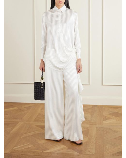 Abadia White Scarf-Detailed Striped Stretch-Silk Satin Blouse