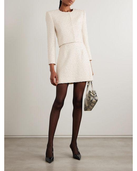 Carolina Herrera Natural Embellished Wool-Blend Crepe Mini Skirt