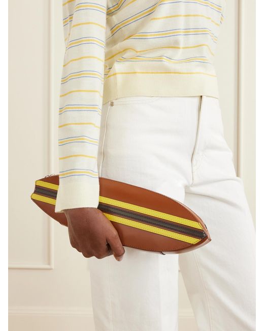Staud Brown Surfboard Striped Leather Clutch
