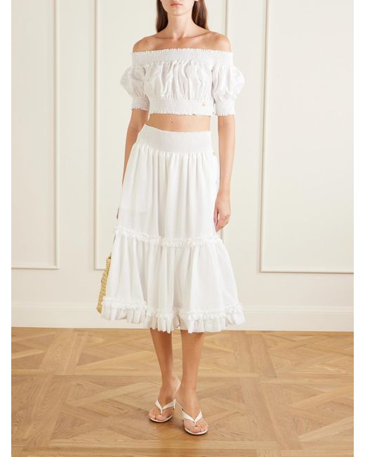 Balmain White Embellished Cropped Off-The-Shoulder Cotton-Poplin Top